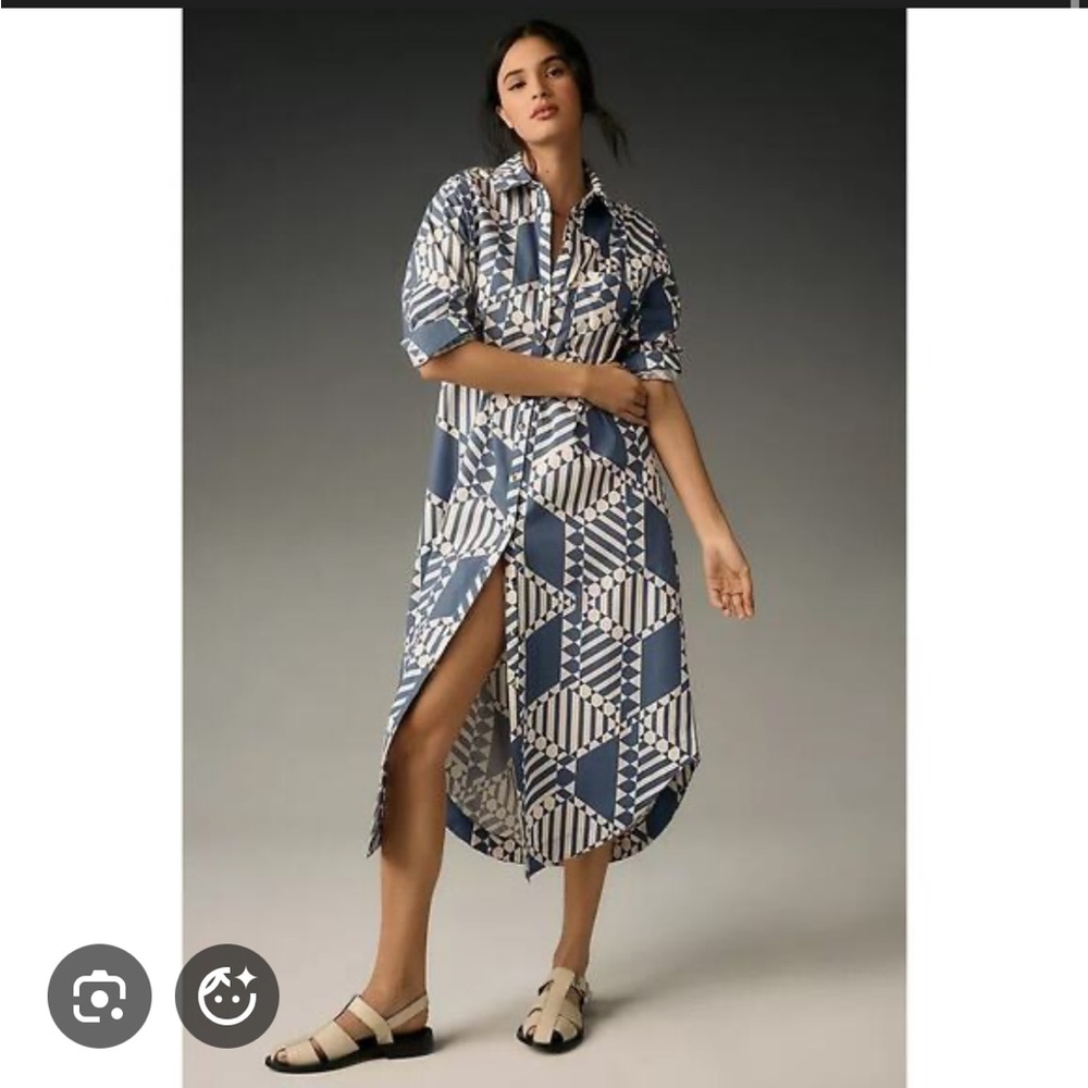 Anthropologie Maeve Blue and White Geometric Dress